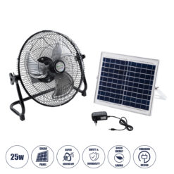 GloboStar® SOLARO-FAN 85352 Solar Fan Αυτόνομος Ηλιακός Επιδαπέδιος Ανεμιστήρας 25W 2 Λειτουργιών Ρεύματος με AC 220-240V ή με Φωτοβολταϊκό Panel 9V 12W & Επαναφορτιζόμενη Μπαταρία Li-ion 7.4V 4400mAh - 12 Ταχύτητες - Ενσωματωμένο USB 2.0 Charger Συσκευών - IP20 - Μ42 x Π20 x Υ35cm - Μαύρο & Ασημί - 2 Years Warranty