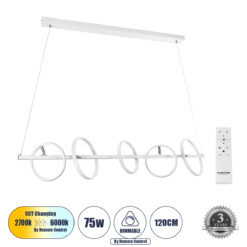 Alternative view of GLOBOSTAR® CIRCOLARE 61320 Μοντέρνο Κρεμαστό Φωτιστικό Οροφής LED 75W 8400lm 360° AC 220-240V IP20 Ρυθμιζόμενο Λευκό CCT με Χειριστήριο από 2700K έως 6000K Dimmable - Lumileds SMD Chip - Λευκό Ματ - Μ120 x Π25 x Υ25cm - 3 Χρόνια Εγγύηση