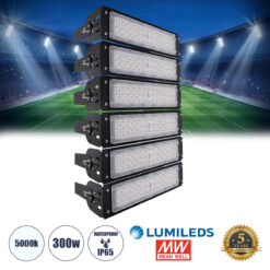 GLOBOSTAR® GOLIATH 90100-6 Προβολέας για Γήπεδα Tennis & Ποδοσφαίρου 5x5 LED 300W 45000lm 75°x135° SDCM<5 Fish Eye Lens AC 220-240V Αδιάβροχο IP65 IK08 Φυσικό Λευκό 5000K - Lumileds SMD Chip & Mean Well Driver - Μαύρο Ματ - Μ32 x Π12 x Υ54cm - 5 Χρόνια Εγγύηση