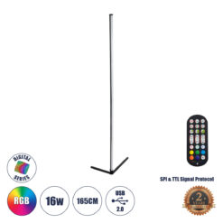 GLOBOSTAR® DIGICOLUMN 90763 Μοντέρνο Επιδαπέδιο Γραμμικό Ψηφιακό Φωτιστικό Digital Pixel Symphony Bar με RF Ασύρματο Χειριστήριο LED 16W 1280lm 180° DC 5V με USB 2.0 IP20 Πολύχρωμο RGB Dimmable - Μαύρο - Φ3 x Υ165cm - 2 Χρόνια Εγγύηση