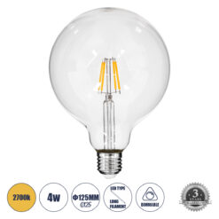 GLOBOSTAR® BUBBLE 99012 Λάμπα E27 G125 LED 4W 400lm 360° AC 220-240V IP20 Θερμό Λευκό 2700K Dimmable - Long Filament Chip - Διάφανο - Μ12.5 x Π12.5 x Υ18cm - 3 Χρόνια Εγγύηση
