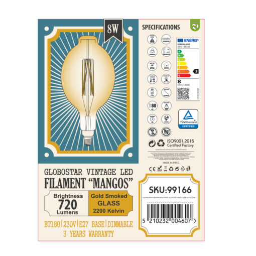GLOBOSTAR® MANGOS 99166 Λάμπα E27 BT180 LED 8W 720lm 360° AC 220-240V IP20 Ultra Θερμό Λευκό 2200K Dimmable – Long Filament Chip – Μελί – Μ18 x Π18 x Υ39cm – 3 Χρόνια Εγγύηση