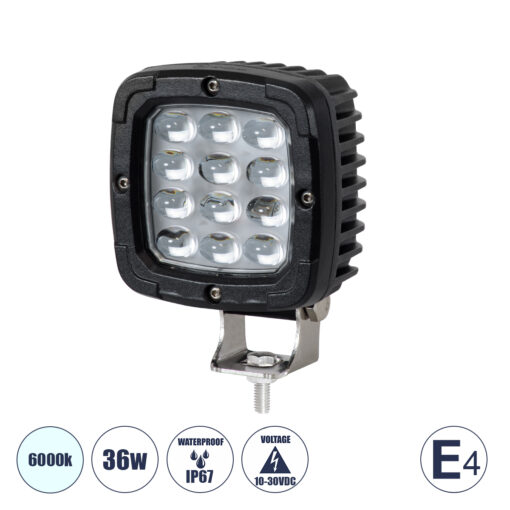 GloboStar® 85428 E4 Mark Vehicle & Forklift Work Lights – Φώτα Εργασίας για Οχήματα Περονοφόρα – Κλάρκ LED 36W DC 10-30V Αδιάβροχο IP67 Ψυχρό Λευκό 6000K Μ12.5 x Π9.5 x Υ6.5cm