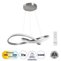 Alternative view of GLOBOSTAR® DEXTER 60498 Μοντέρνο Κρεμαστό Φωτιστικό Οροφής LED 72W 8064lm 300° AC 220-240V IP20 Ρυθμιζόμενο Λευκό CCT με Χειριστήριο από 2700K έως 6000K Dimmable - Lumileds SMD Chip - Νίκελ Βούρτσας - Μ56 x Π56 x Υ14cm - 3 Χρόνια Εγγύηση