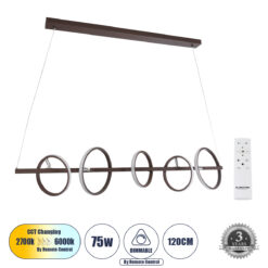 Alternative view of GLOBOSTAR® CIRCOLARE 61321 Μοντέρνο Κρεμαστό Φωτιστικό Οροφής LED 75W 8400lm 360° AC 220-240V IP20 Ρυθμιζόμενο Λευκό CCT με Χειριστήριο από 2700K έως 6000K Dimmable - Lumileds SMD Chip - Καφέ - Μ120 x Π25 x Υ25cm - 3 Χρόνια Εγγύηση