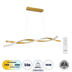 Alternative view of GLOBOSTAR® MORALES 61278 Μοντέρνο Κρεμαστό Φωτιστικό Οροφής LED 54W 6048lm 300° AC 220-240V IP20 Ρυθμιζόμενο Λευκό CCT με Χειριστήριο από 2700K έως 6000K Dimmable - Lumileds SMD Chip - Σατινέ Χρυσό Βούρτσας - Μ90 x Π14 x Υ14cm - 3 Χρόνια Εγγύηση