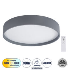 Alternative view of GLOBOSTAR® NARNIA 61260 Μοντέρνο Φωτιστικό Οροφής LED 100W 11500lm 120° AC 220-240V IP20 Ρυθμιζόμενο Λευκό CCT με Χειριστήριο από 2700K έως 6000K Dimmable - Lumileds SMD Chip - Γκρι Ματ - Μ60 x Π60 x Υ10cm - 3 Χρόνια Εγγύηση