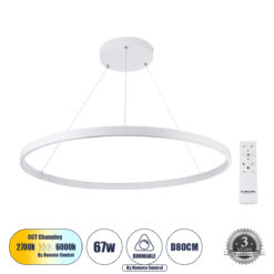 Alternative view of GLOBOSTAR® DIAMOND 61521 Μοντέρνο Κρεμαστό Φωτιστικό Οροφής LED 67W 7504lm 360° AC 220-240V IP20 Ρυθμιζόμενο Λευκό CCT με Χειριστήριο από 2700K έως 6000K Dimmable - Lumileds SMD Chip - Λευκό Ματ - Μ80 x Π80 x Υ110cm - 3 Χρόνια Εγγύηση