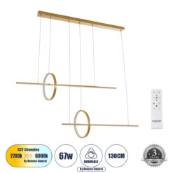 Alternative view of GLOBOSTAR® LINEARE 61291 Μοντέρνο Κρεμαστό Φωτιστικό Οροφής LED 67W 7504lm 300° AC 220-240V IP20 Ρυθμιζόμενο Λευκό CCT με Χειριστήριο από 2700K έως 6000K Dimmable - Lumileds SMD Chip - Χρυσό Βούρτσας - Μ130 x Π25 x Υ60cm - 3 Χρόνια Εγγύηση