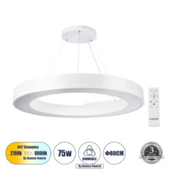 Alternative view of GLOBOSTAR® RA 61197 Μοντέρνο Κρεμαστό Φωτιστικό Οροφής LED 75W 8250lm 120° AC 220-240V IP20 Ρυθμιζόμενο Λευκό CCT με Χειριστήριο από 2700K έως 6000K Dimmable - Lumileds SMD Chip - Λευκό Ματ - Μ80 x Π80 x Υ8cm - 3 Χρόνια Εγγύηση