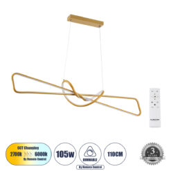 Alternative view of GLOBOSTAR® DOLORES 61282 Μοντέρνο Κρεμαστό Φωτιστικό Οροφής LED 105W 11760lm 300° AC 220-240V IP20 Ρυθμιζόμενο Λευκό CCT με Χειριστήριο από 2700K έως 6000K Dimmable - Lumileds SMD Chip - Χρυσό Βούρτσας - Μ110 x Π17 x Υ17.5cm - 3 Χρόνια Εγγύηση
