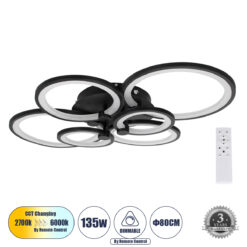 Alternative view of GLOBOSTAR® ROYAL-R 61323 Μοντέρνο Φωτιστικό Οροφής LED 135W 16200lm 360° AC 220-240V IP20 Ρυθμιζόμενο Λευκό CCT με Χειριστήριο από 2700K έως 6000K Dimmable - Lumileds SMD Chip - Μαύρο Ματ - Μ80.5 x Π59 x Υ12cm - 3 Χρόνια Εγγύηση