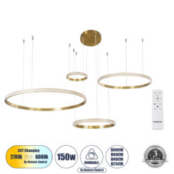 Alternative view of GLOBOSTAR® DIAMOND TETRA 61149 Μοντέρνο Κρεμαστό Φωτιστικό Οροφής LED 150W 18379lm 360° AC 220-240V IP20 Ρυθμιζόμενο Λευκό CCT με Χειριστήριο από 2700K έως 6000K Dimmable - Lumileds SMD Chip - Χρυσό Βούρτσας - Μ150 x Π150 x Υ60cm - 3 Χρόνια Εγγύηση