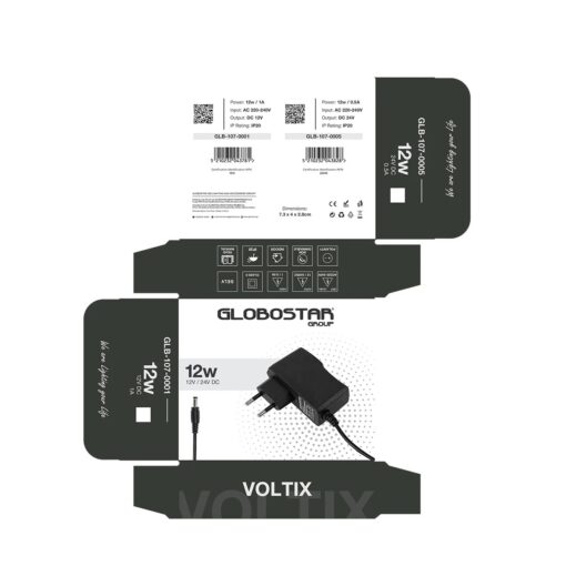 GLOBOSTAR® VOLTIX GLB-107-0001 Τροφοδοτικό/Μετασχηματιστής Class II SELV 12W 1A AC 220-240V σε DC 12V IP20 – Μαύρο Ματ – Μ7.3 x Π4 x Υ2.8cm – 3 Χρόνια Εγγύηση