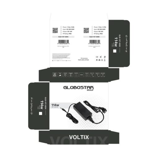 GLOBOSTAR® VOLTIX GLB-107-0004 Τροφοδοτικό/Μετασχηματιστής Class II SELV 120W 9.5A AC 220-240V σε DC 12V IP20 – Μαύρο Ματ – Μ14.2 x Π6.5 x Υ3.7cm – 3 Χρόνια Εγγύηση