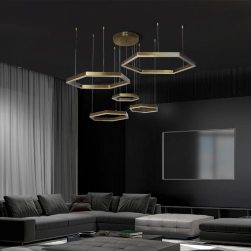 kelvo® LEXAGON KLV-101-0180 Κρεμαστό Φωτιστικό Οροφής LED 120W 12000lm 200° AC 220-240V IP20 Ρυθμιζόμενο Λευκό CCT με Χειριστήριο από 2700K έως 6000K Dimmable – Lumileds SMD Chip – Χρυσό Πλατίνα – Μ110 x Π90 x Υ110cm – 3 Χρόνια Εγγύηση