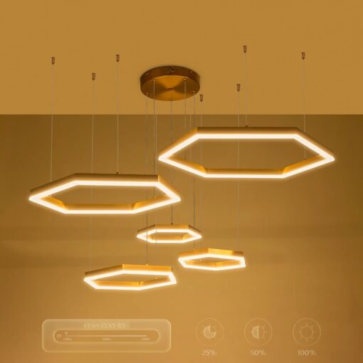kelvo® LEXAGON KLV-101-0180 Κρεμαστό Φωτιστικό Οροφής LED 120W 12000lm 200° AC 220-240V IP20 Ρυθμιζόμενο Λευκό CCT με Χειριστήριο από 2700K έως 6000K Dimmable – Lumileds SMD Chip – Χρυσό Πλατίνα – Μ110 x Π90 x Υ110cm – 3 Χρόνια Εγγύηση