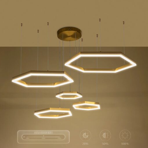 kelvo® LEXAGON KLV-101-0180 Κρεμαστό Φωτιστικό Οροφής LED 120W 12000lm 200° AC 220-240V IP20 Ρυθμιζόμενο Λευκό CCT με Χειριστήριο από 2700K έως 6000K Dimmable – Lumileds SMD Chip – Χρυσό Πλατίνα – Μ110 x Π90 x Υ110cm – 3 Χρόνια Εγγύηση