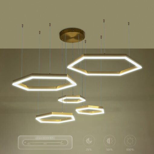 kelvo® LEXAGON KLV-101-0180 Κρεμαστό Φωτιστικό Οροφής LED 120W 12000lm 200° AC 220-240V IP20 Ρυθμιζόμενο Λευκό CCT με Χειριστήριο από 2700K έως 6000K Dimmable – Lumileds SMD Chip – Χρυσό Πλατίνα – Μ110 x Π90 x Υ110cm – 3 Χρόνια Εγγύηση
