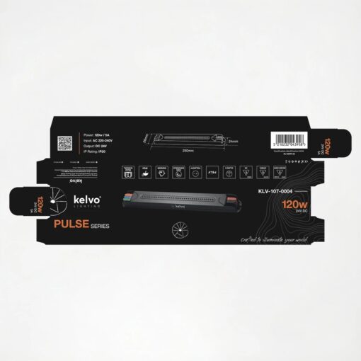 kelvo® PULSE KLV-107-0004 Ultra Slim Τροφοδοτικό/Μετασχηματιστής Class I PELV 120W 5A AC 220-240V σε DC 24V IP20 – Γκρι Ανθρακί Ματ – Μ25 x Π2.6 x Υ2.4cm – 5 Χρόνια Εγγύηση