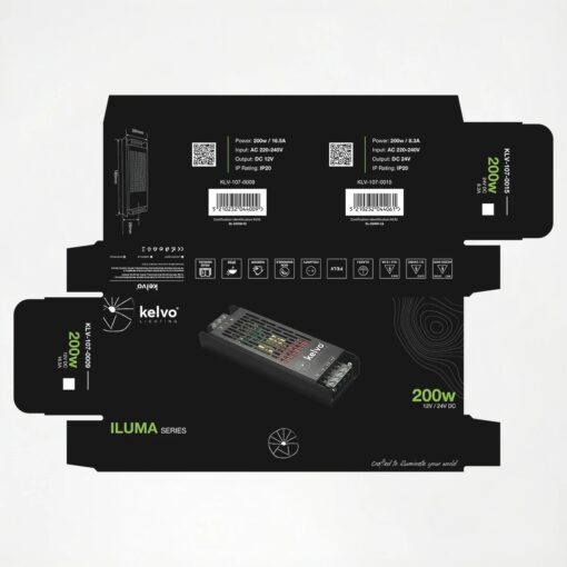 kelvo® ILUMA KLV-107-0015 Slim Τροφοδοτικό/Μετασχηματιστής Class I PELV 200W 8.3A AC 220-240V σε DC 24V IP20 – Γκρι Ανθρακί Ματ – Μ18.5 x Π5.9 x Υ2.8cm – 5 Χρόνια Εγγύηση