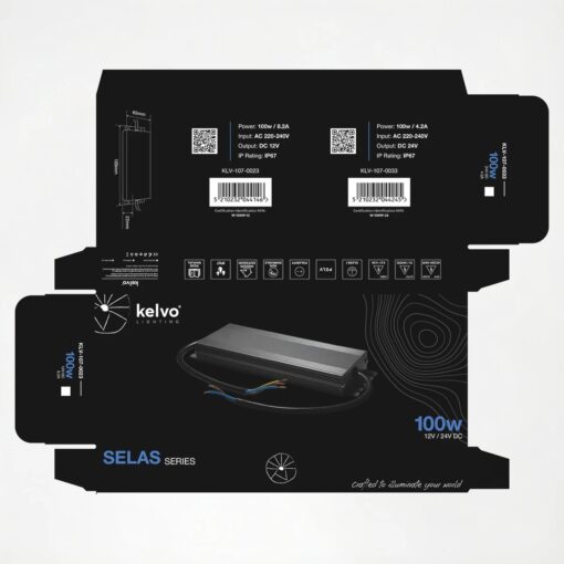 kelvo® SELAS KLV-107-0023 Τροφοδοτικό/Μετασχηματιστής Class I PELV 100W 8.2A AC 220-240V σε DC 12V Αδιάβροχο IP67 – Γκρι Ανθρακί Ματ – Μ18.9 x Π6.5 x Υ2.2cm – 5 Χρόνια Εγγύηση