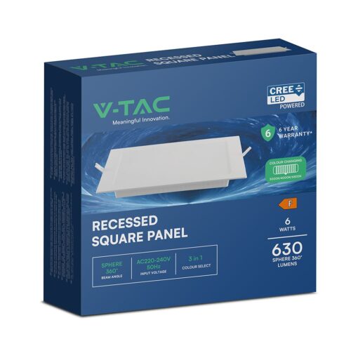 CCT LED Panel V-TAC Cree Chip 6W 630lm 3in1 Τετράγωνο Χωνευτό 15x15cm 6yrs Wty 104806VT