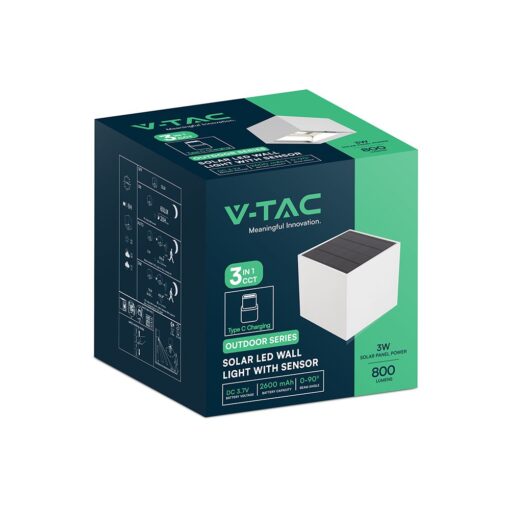 Ηλιακό LED Φωτιστικό Τοίχου 9W 800 lm 3in1 PIR Sensor IP65 – Λευκό V-TAC 24063‑1