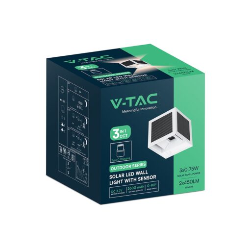V-TAC 24295 Ηλιακό LED Φωτιστικό Τοίχου 9W 900 lm 3in1 PIR Sensor IP65 – Λευκό