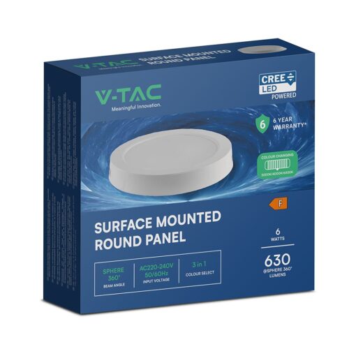CCT LED Panel V-TAC Cree Chip 6W 630lm 3in1 Στρογγυλό Επιφανειακό Φ12cm 6yrs Wty 78706