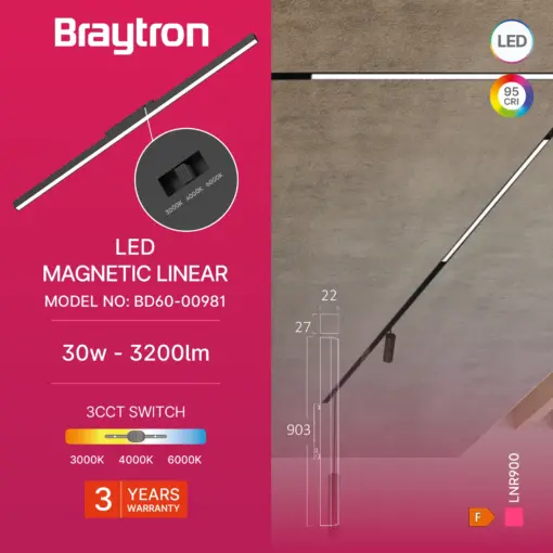Φωτιστικό Led Μαγνητικής Ράγας 30W CCT Μαύρο Braytron BD60-00981BR