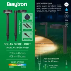 Braytron BG36‑00681 Solar Καρφωτό Κήπου 8W 2CCT 70lm IP65 Μαύρο – Σετ 2 τεμ.