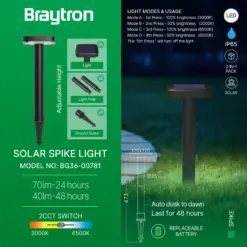 Braytron BG36‑00781 Solar Καρφωτό Κήπου 8W 2CCT 70lm IP65 Μαύρο – Σετ 2 τεμ.