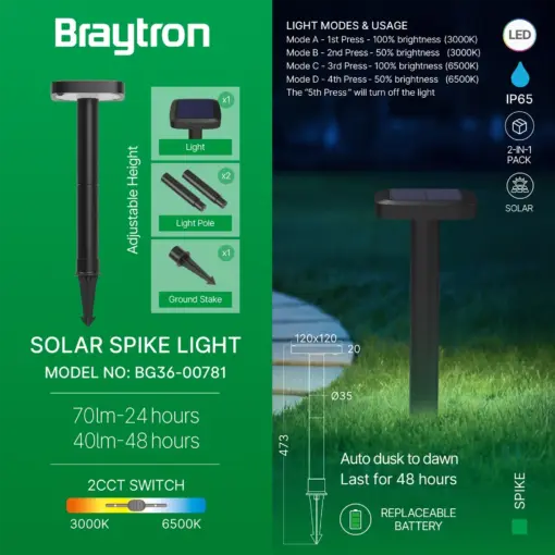 Braytron BG36‑00781 Solar Καρφωτό Κήπου 8W 2CCT 70lm IP65 Μαύρο – Σετ 2 τεμ.