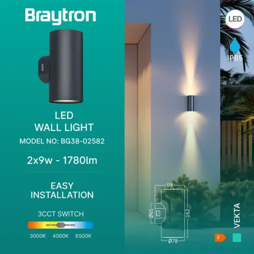 Απλίκα Vekta 2x9w IP65 1780lm 3CCT IP65 Braytron BG38-02582BR