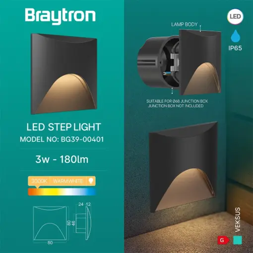 Απλίκα χωνευτή “Veksus” IP65 3000k 180lm Μαύρη Braytron BG39-00401BR