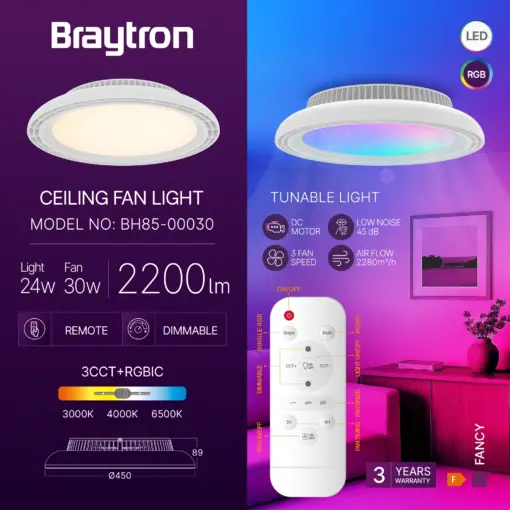 Ανεμιστήρας οροφής 30w + 24w RGB & 3CCT 2200lm με control Λευκός Braytron BH85-00030BR