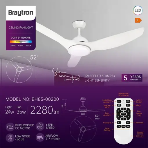 Ανεμιστήρας οροφής 35w + 24w 3CCT 2280lm με control Λευκός Braytron BH85-00200BR