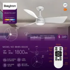 Braytron BH85‑00220 Ανεμιστήρας Οροφής 30W + 18W LED 3CCT 1800lm Ø960mm Λευκός με Τηλεχειριστήριο