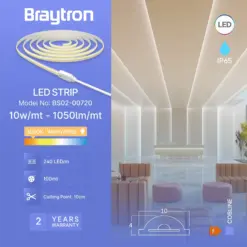 Ταινία led Cob 10w/m 1050 lm/m 220V IP65 3000k Braytron BS02-00720BR