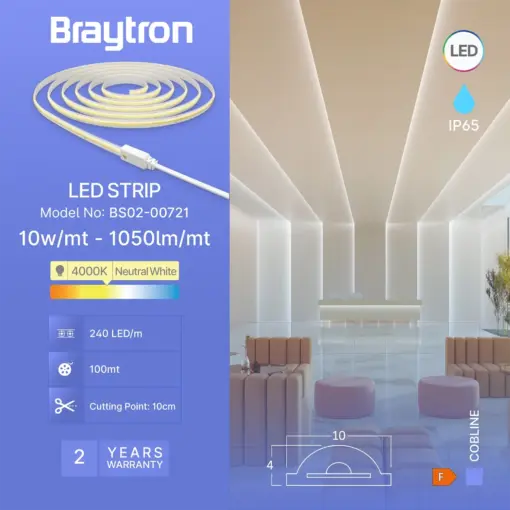 Braytron BS02‑00721 LED COB Ταινία 10W/m 4000K 1050lm/m 240LED/m 220V IP65