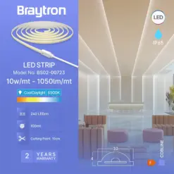 Ταινία led Cob 10w/m 1050 lm/m 220V IP65 6500k Braytron BS02-00723BR