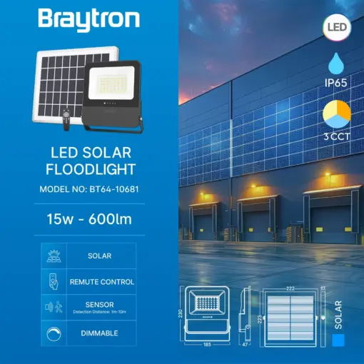 Προβολέας ηλιακός (solar) IP65 50w (15w) 600lm 3CCT 2m Καλωδιο Braytron BT64-10681BR