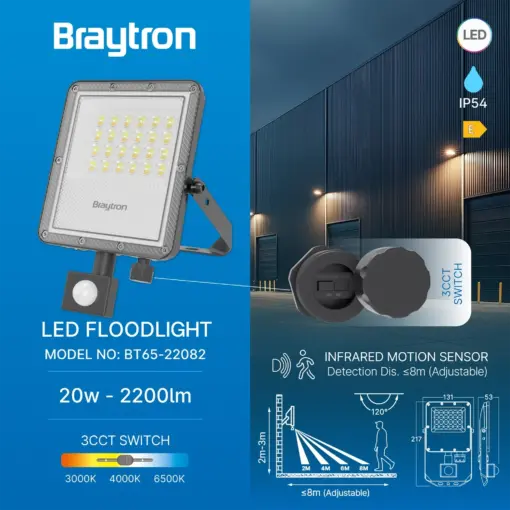 Προβολέας IP65 20W 2200lm 3CCT Με Ανίχνευση (Γκρι) Braytron BT65-22082BR